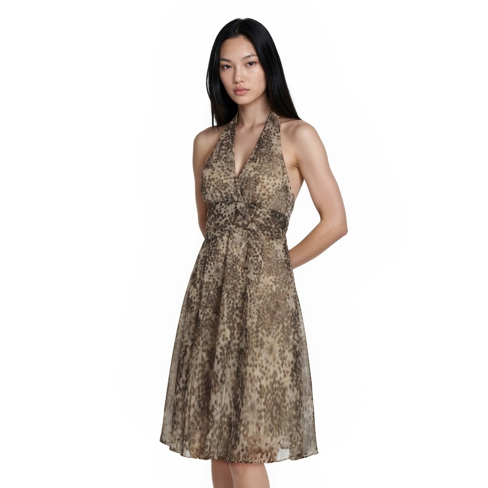 BCBGMAXAZRIA Fit & Flare Halter Dress Women's Size 2 Brown Gold‎ Metallic Silk